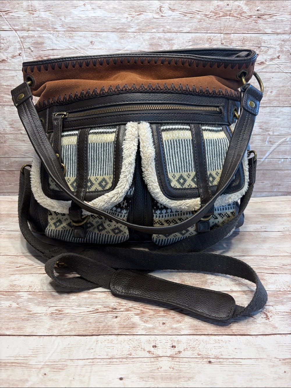 The Sak Brown and Cream Patterned Crossbody Bag